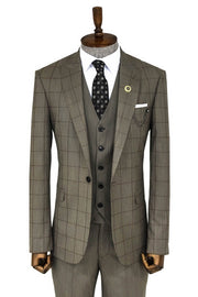 Cream Plaid Peak Lapel 3 Piece Suit - Wessi