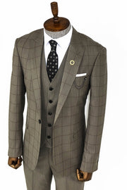 Cream Plaid Peak Lapel 3 Piece Suit - Wessi