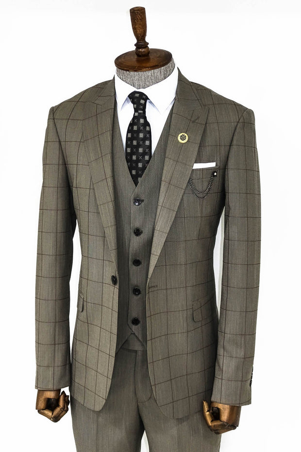 Cream Plaid Peak Lapel 3 Piece Suit - Wessi