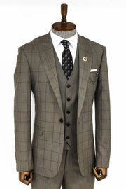 Cream Plaid Peak Lapel 3 Piece Suit - Wessi