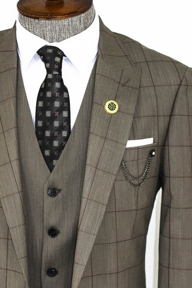 Cream Plaid Peak Lapel 3 Piece Suit - Wessi