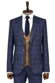 Slim Fit Checked Patterned Navy Blue Men Suit - Wessi