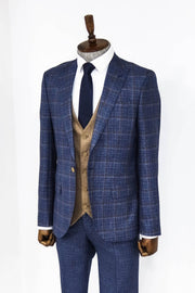 Slim Fit Checked Patterned Navy Blue Men Suit - Wessi