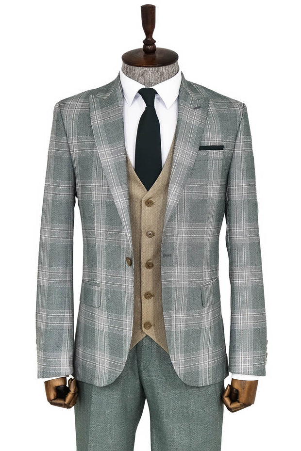 Slim Fit Light Green Vested Suit - Wessi