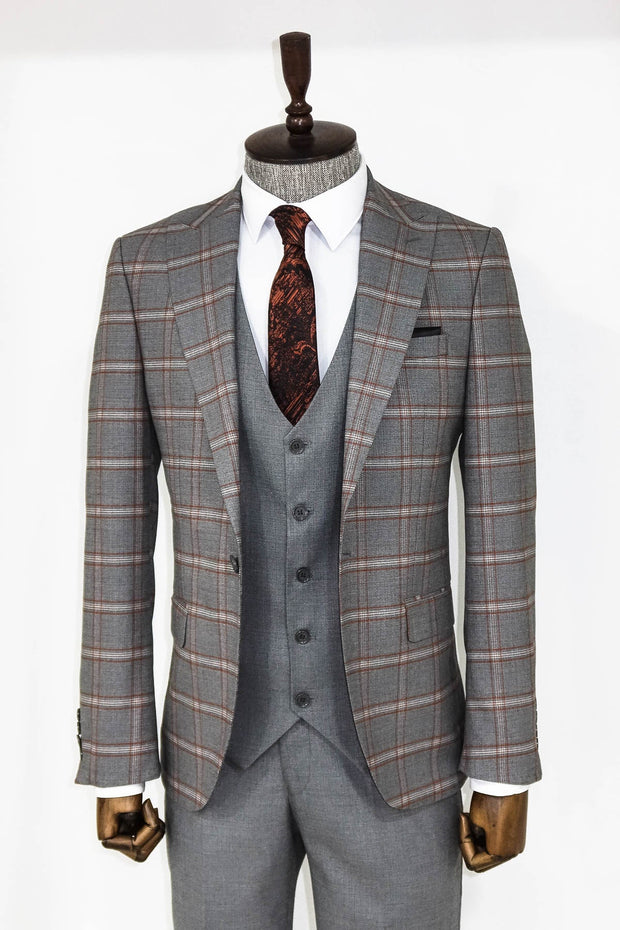 Checked Patterned Grey Slim Fit Suit - Wessi