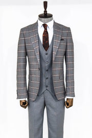 Checked Patterned Grey Slim Fit Suit - Wessi