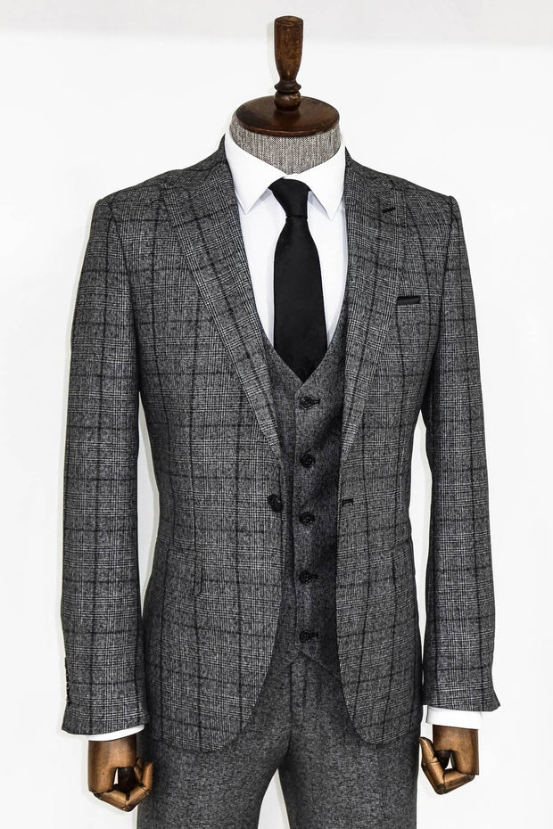 Slim Fit Checked Dark Grey Men Suit - Wessi