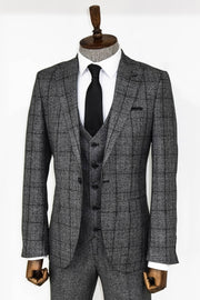 Slim Fit Checked Dark Grey Men Suit - Wessi