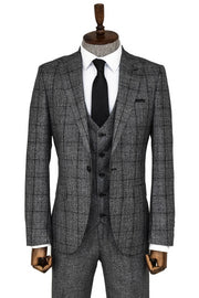 Slim Fit Checked Dark Grey Men Suit - Wessi