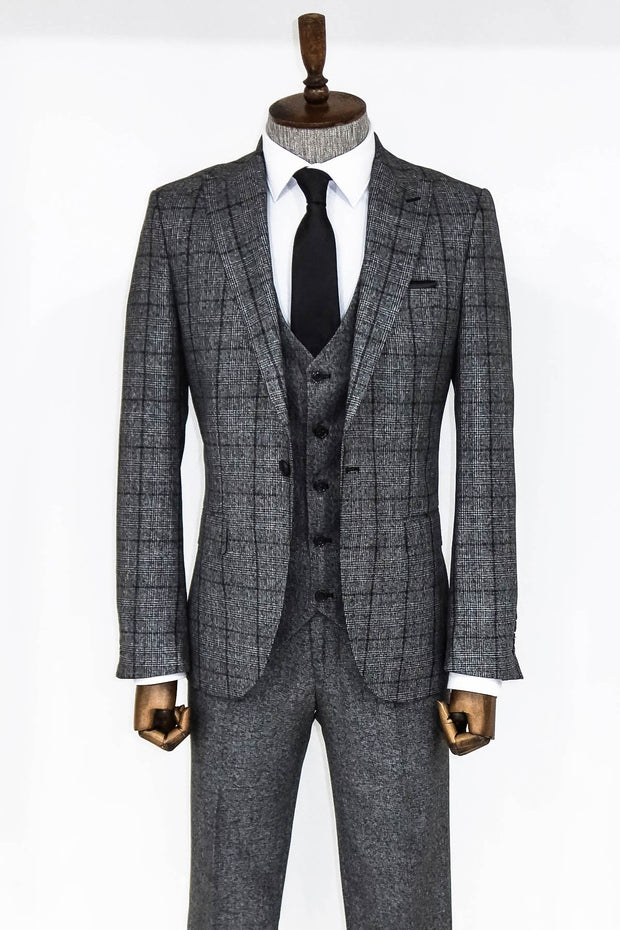 Slim Fit Checked Dark Grey Men Suit - Wessi