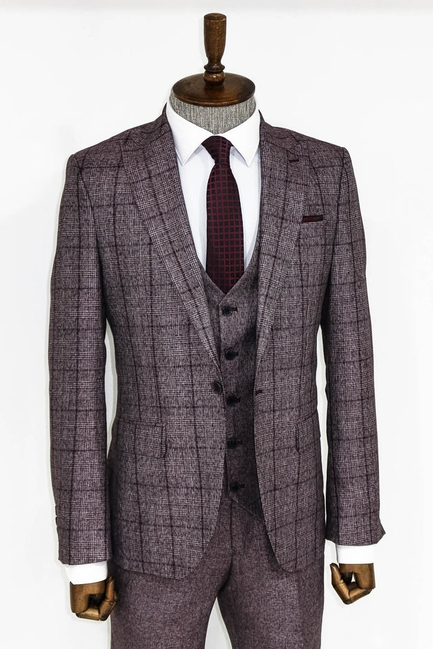 Slim Fit Checked Burgundy Men Suit - Wessi