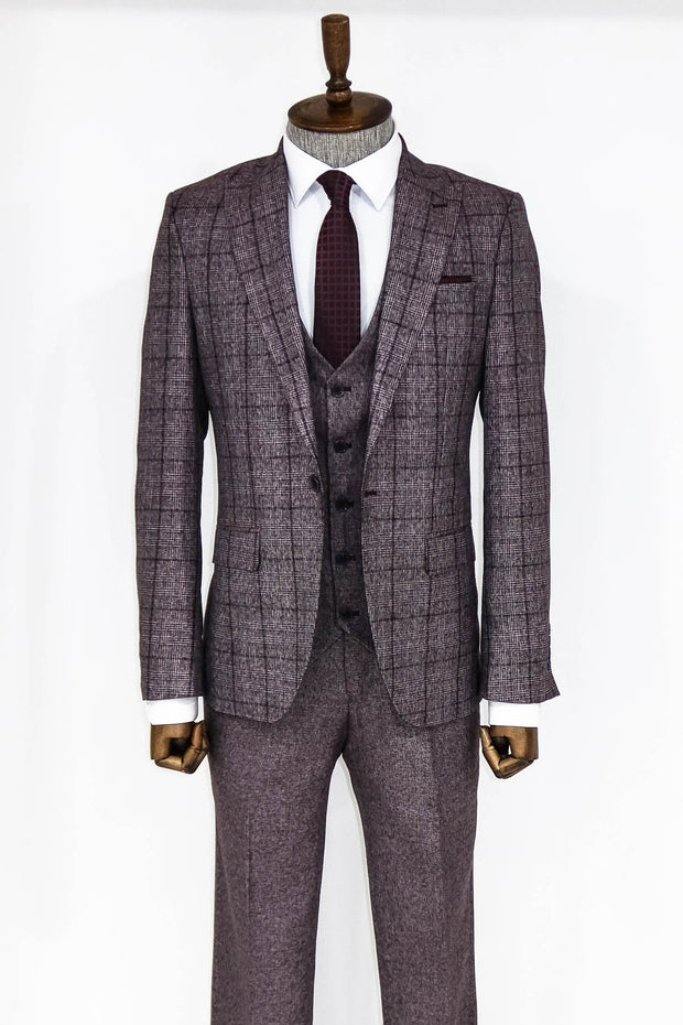 Slim Fit Checked Burgundy Men Suit - Wessi