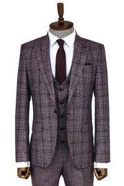 Slim Fit Checked Burgundy Men Suit - Wessi