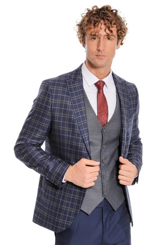 Blue Vested Slim Fit Checked Navy Blue Men Suit - Wessi