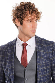 Blue Vested Slim Fit Checked Navy Blue Men Suit - Wessi