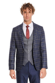 Blue Vested Slim Fit Checked Navy Blue Men Suit - Wessi