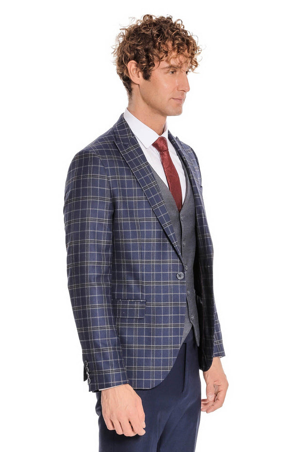 Blue Vested Slim Fit Checked Navy Blue Men Suit - Wessi