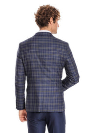 Blue Vested Slim Fit Checked Navy Blue Men Suit - Wessi