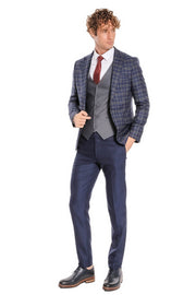 Blue Vested Slim Fit Checked Navy Blue Men Suit - Wessi