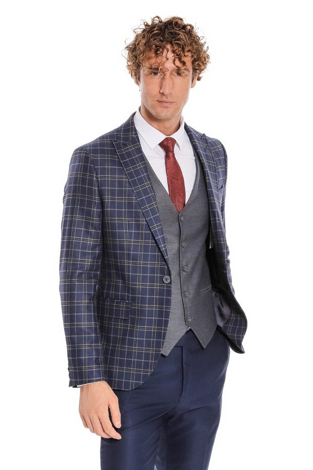 Blue Vested Slim Fit Checked Navy Blue Men Suit - Wessi