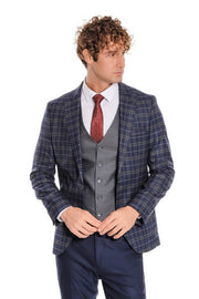 Blue Vested Slim Fit Checked Navy Blue Men Suit - Wessi