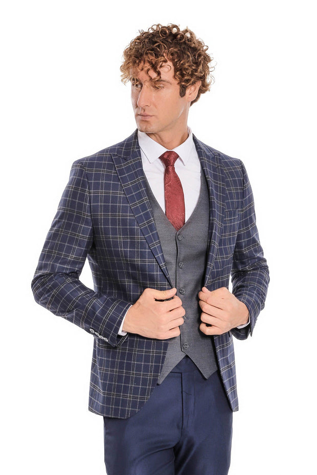 Blue Vested Slim Fit Checked Navy Blue Men Suit - Wessi