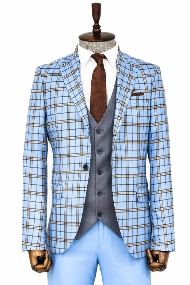 Grey Vested Slim Fit Checked Light Blue Men Suit - Wessi