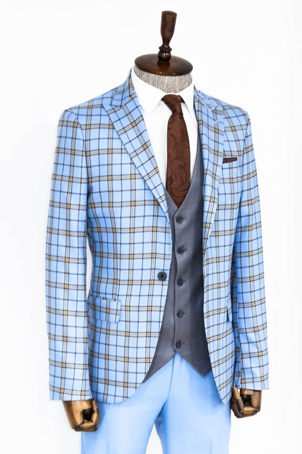 Grey Vested Slim Fit Checked Light Blue Men Suit - Wessi