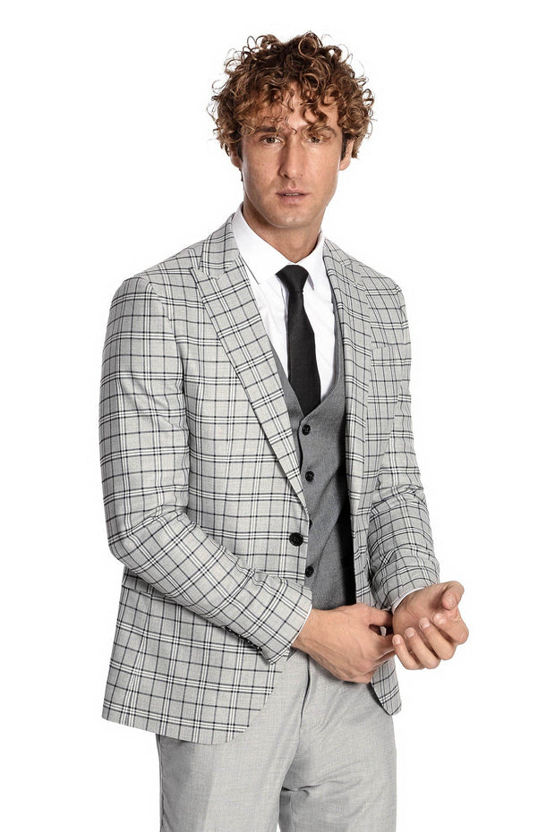 Grey Vested Slim Fit Checked Light Grey Men Suit - Wessi