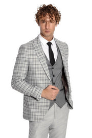 Grey Vested Slim Fit Checked Light Grey Men Suit - Wessi