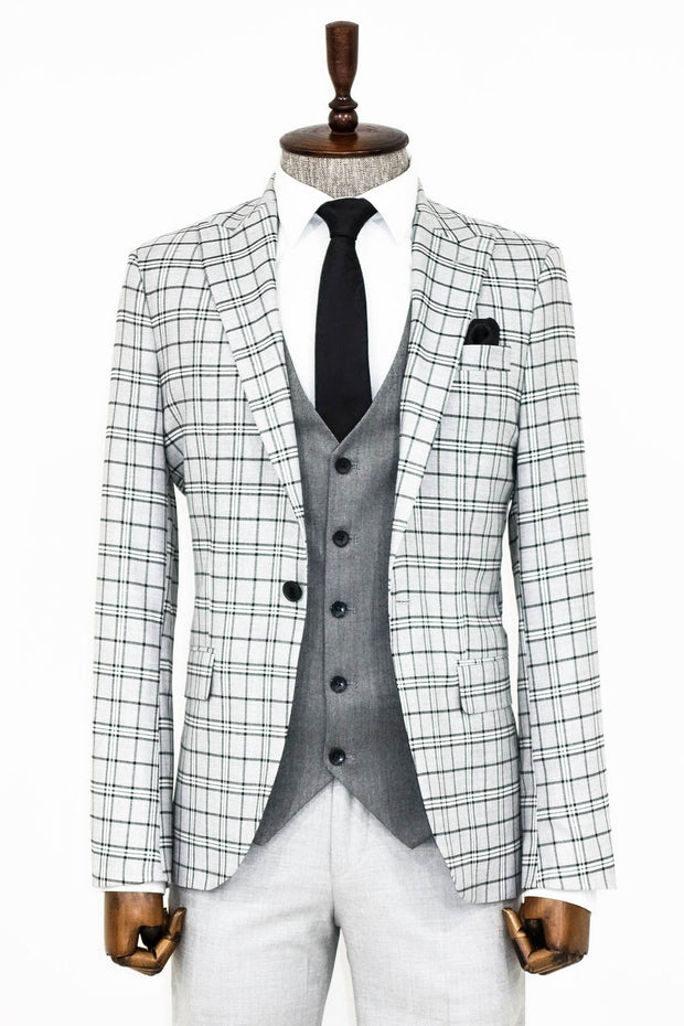 Grey Vested Slim Fit Checked Light Grey Men Suit - Wessi