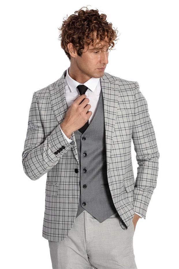 Grey Vested Slim Fit Checked Light Grey Men Suit - Wessi