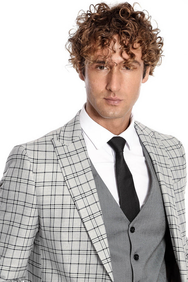 Grey Vested Slim Fit Checked Light Grey Men Suit - Wessi