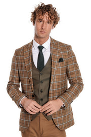 Brown Vested Slim Fit Checked Tan Men Suit - Wessi