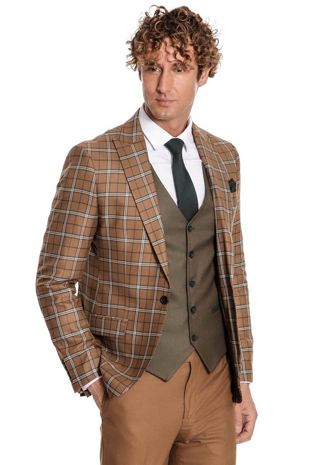 Brown Vested Slim Fit Checked Tan Men Suit - Wessi