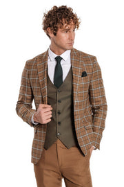 Brown Vested Slim Fit Checked Tan Men Suit - Wessi