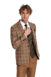 Brown Vested Slim Fit Checked Tan Men Suit - Wessi