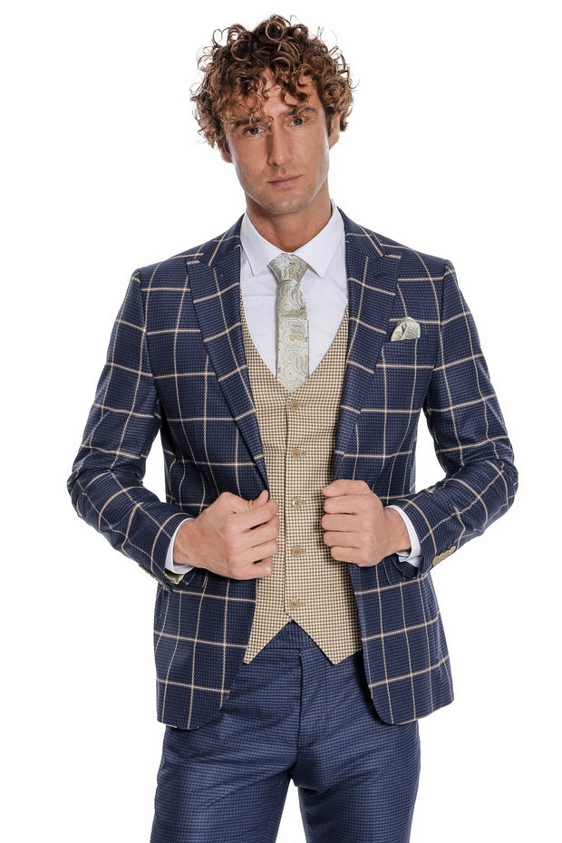 Checked Patterned Slim Fit Navy Blue Men Suit - Wessi