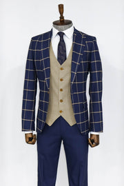 Checked Patterned Slim Fit Navy Blue Men Suit - Wessi