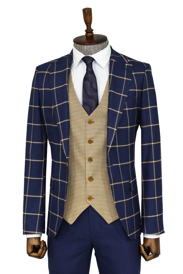 Checked Patterned Slim Fit Navy Blue Men Suit - Wessi