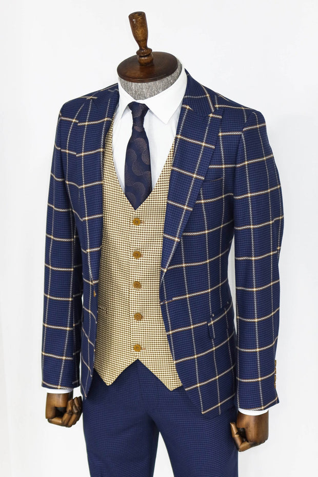 Checked Patterned Slim Fit Navy Blue Men Suit - Wessi