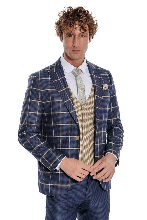 Checked Patterned Slim Fit Navy Blue Men Suit - Wessi