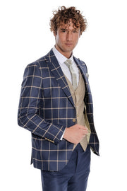 Checked Patterned Slim Fit Navy Blue Men Suit - Wessi