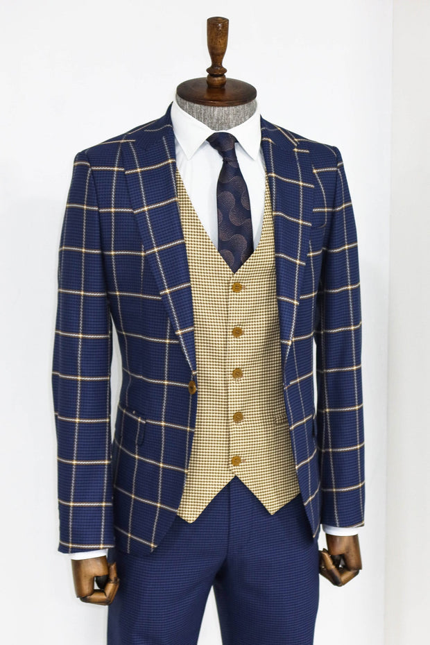 Checked Patterned Slim Fit Navy Blue Men Suit - Wessi