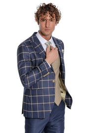 Checked Patterned Slim Fit Navy Blue Men Suit - Wessi