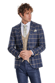 Checked Patterned Slim Fit Navy Blue Men Suit - Wessi