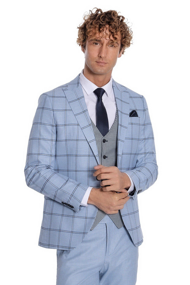 Checked Patterned Slim Fit Light Blue Men Suit - Wessi