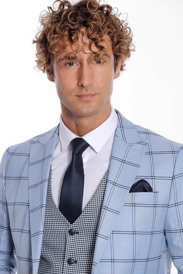 Checked Patterned Slim Fit Light Blue Men Suit - Wessi