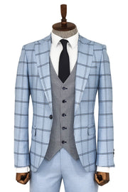 Checked Patterned Slim Fit Light Blue Men Suit - Wessi