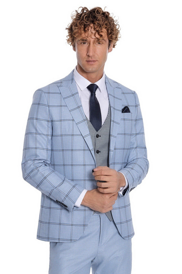 Checked Patterned Slim Fit Light Blue Men Suit - Wessi